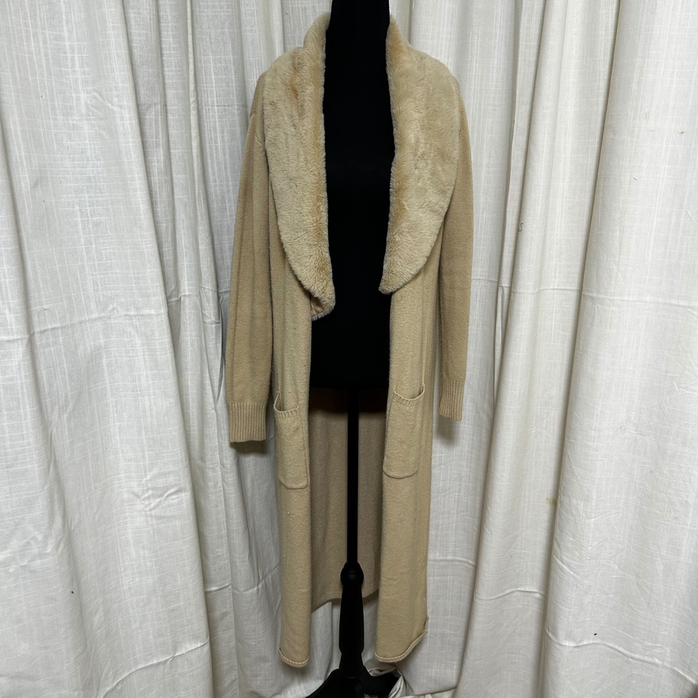Ontheway Duster Cardigan Long Faux Fur Collar Beige Knit Open Front Womens‎ Sz L